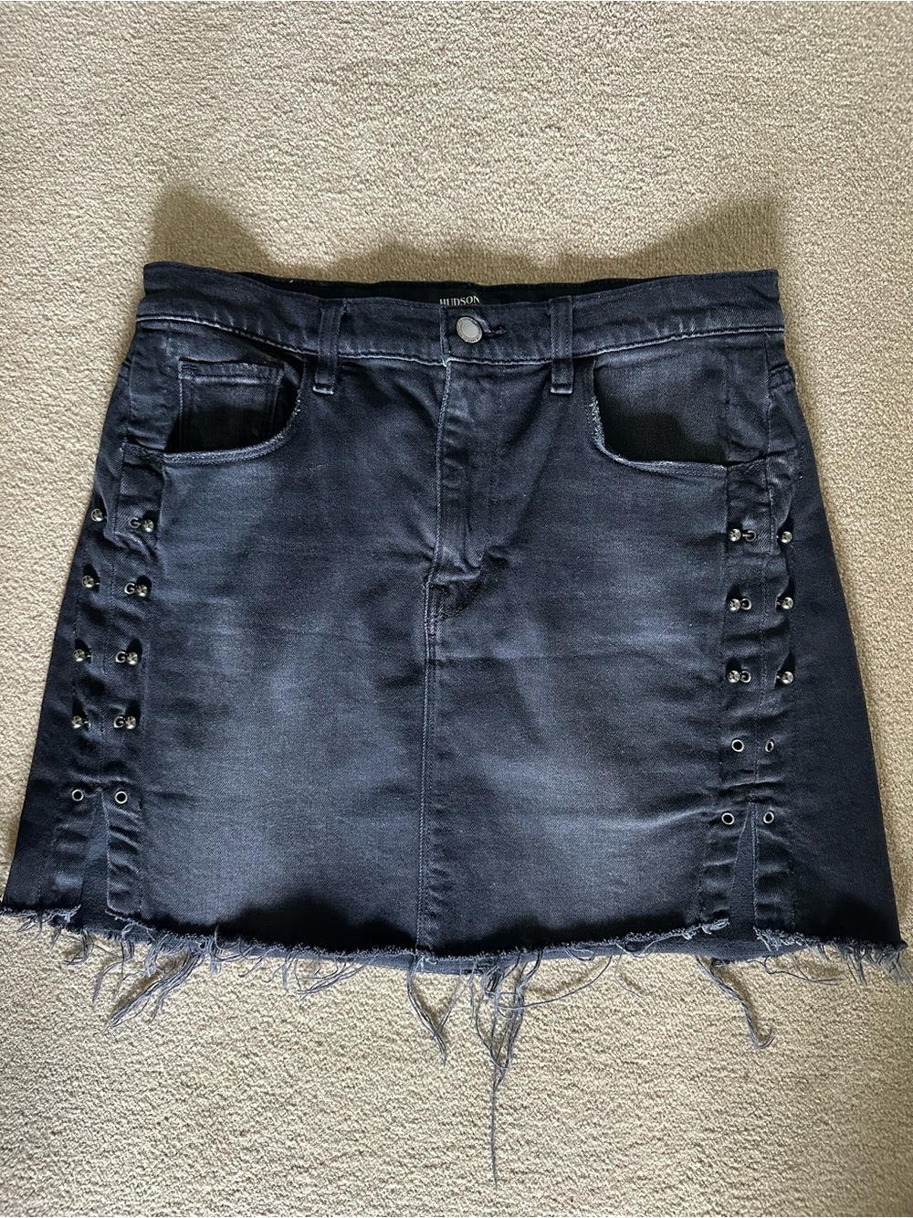 Hudson Jeans Black Denim Mini Skirt with Eyelet Side Lacing